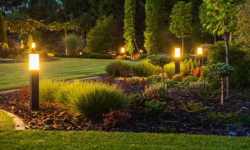 Panoramic Photo of LED Light Posts Illuminated Backyard Garden During Night Hours. Modern Backyard Outdoor Lighting Systems.